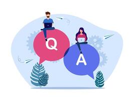 q and a concept with people working on laptops and talking to each other vector