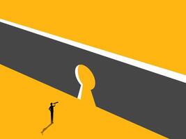 Business Solutions. Businessman Standing in Front of Keyhole. vector