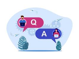 q and a concept with people working on laptops and talking to each other vector