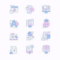 E-learning education flat line icons. Set of graduation cap, training, desktop, laptop, learn online, webinar notebook, research information, media social and more. Editable Strokes. vector