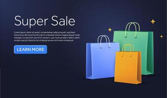 3D Shopping Bag with shining effect isolated on dark background. Banner design concept with CTA for promotion, e-commerce, advertising. 3d illustration. vector