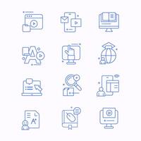 E-learning education flat line icons. Set of graduation cap, training, desktop, laptop, learn online, webinar notebook, research information, media social and more. Editable Strokes. vector