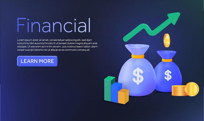 3D Money bags with coins dollar sign and growth chart isolated on background. Banner design with CTA concept for financial, banking, advertising, promotion. 3d illustration