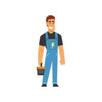 Smiling Professional Electrician with Toolbox, Electric Man Character in Blue Overalls at Work Illustration vector