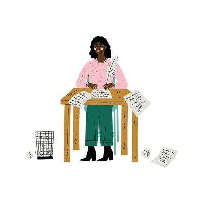 African American Female Writer or Poetess Character Sitting at Desk and Writing with Feather Pen Illustration