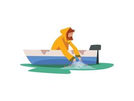 Fisherman Sitting in Boat with Fishing with Net, Fishman Character Wearing Raincoat Illustration vector