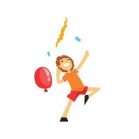 Happy Smiling Boy with Red Balloon, Kid Having Fun at Birthday, Carnival Party or Circus Performance Illustration vector