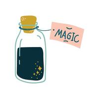 Potion Bottle, Glass Transparent Flask with Black Magic Liquid, Witchcraft Attribute Illustration vector