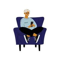Young Man Sitting in Armchair with Smartphone, Guy Spending Weekend at Home and Relaxing, Rest at Home Illustration vector