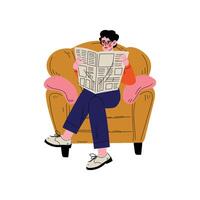 Young Man Sitting in Armchair and Reading Newspaper, Guy Spending Weekend at Home and Relaxing, Rest at Home Illustration vector