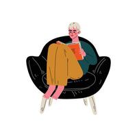 Young Man Sitting in Armchair and Reading Book, Guy Spending Weekend at Home and Relaxing Illustration vector