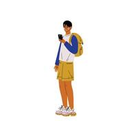 Young Man with Smartphone, Guy with Backpack Using Electronic Gadget Illustration vector