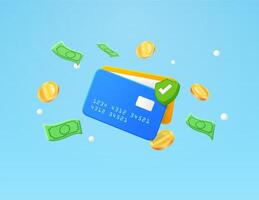 3d banking debit credit cards and flying coins with check mark isolated on gradient background. Successful digital payment design for online promotion, e-commerce, shopping. 3D illustration. vector