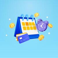 3d calendar and alarm clock with gold coins around. the concept of a reminder of timely payment for services. 3d illustration in realistic style isolated on gradient background vector
