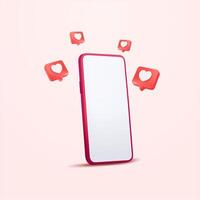 3d phone mobile smartphone screen interface perspective view with heart textbox heart icon love social media icon. Heart in speech bubble icon on a pink background. Love like heart social media vector
