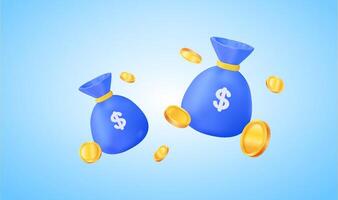 Blue bag of money with dollar symbol on it surrounded by golden coins, conceptualization of win, money, lottery and prize, coins floating, golden coins, coins falling. 3d illustration vector