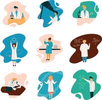 Scientists Characters Wearing White Coats Working at Researching Lab, Biologist Set, Physicist, Astronomer, Gene Engineer, Professor, Chemist, Scientific Research Concept Illustration vector