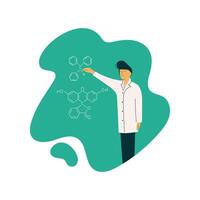 Male Scientist Professor Character Wearing White Coat Standing in Front of Chalkboard with Formulas Giving Lecture, Scientific Research Concept Illustration vector