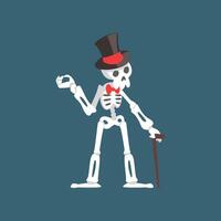 Skeleton Gentleman Weaing Top Hat and Bow Tie Standing with Walking Stick, Funny Dead Man Cartoon Character Illustration vector