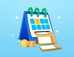 3d calendar and with gold coins and vouchers or coupons isolated on gradient background. The concept of a reminder of timely promotion for shop, businesses, services. 3d illustration vector