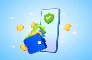 3d floating smartphone with green tick, wallet, banking debit credit cards, coins on gradient background. Banner for online promotion, e-commerce, shopping, advertising. 3D illustration. vector