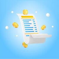 3d receipt or bill, check on blue bacground. With flying coins. Contract or receipt on a blue background with flying coins. 3d illustration vector