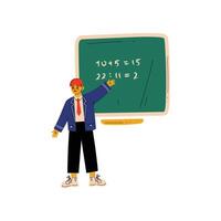 Elementary School Student Standing Next Chalkboard and Writing Mathematical Examples Illustration vector