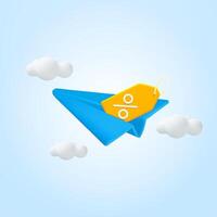 3d yellow coupon and voucher and in paper airplane with clouds on blue background. Business finance, send receive money online, financial transactions, transfer and exchange. 3d Illustration vector