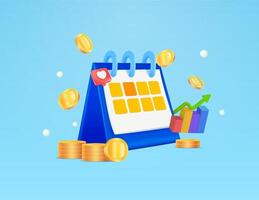 3d calendar with gold coins around, growth chart and heart icon isolated on gradient background. the concept of a reminder of timely payment for services. 3d illustration. vector