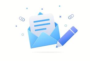 3D icon in letter envelope with pen. Confirmed document or email. Approved Paper. Realistic cartoon icon elements isolated on background. vector