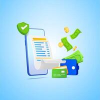Online payment security concept with smartphone, bank cards, bill, gold coins floating and shield with check mark. Safe financial transfer with mobile phone,money wallet, paper money, coins falling. vector