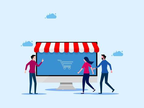 personas son en pie en frente de un computadora pantalla con un compras carro vector