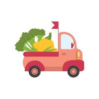 Cute Truck with Broccoli and Squash, Side View, Food Delivery, Shipping of Fresh Garden Vegetables Illustration vector