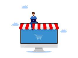 man sitting on top of computer with laptop and shopping cart vector