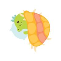 Cute Little Dino Sleeping on Pillow under Blanket, Adorable Baby Dinosaur Character Illustration vector