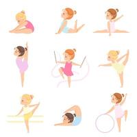 Cute Little Ballerinas Doing Exercises Set, Girls Gymnasts Characters Training in Leotards Illustration vector