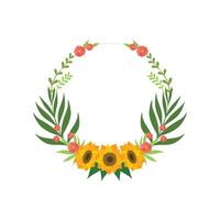 Floral Wreath with Sunflowers, Circle Frame with Leaves, Flowers and Place for Text Illustration on White Background. vector
