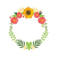 Floral Wreath with Bright Flowers, Circle Frame with Leaves, Sunflower and Place for Text, Design Element For Greeting Card, Invitation, Banner Illustration vector