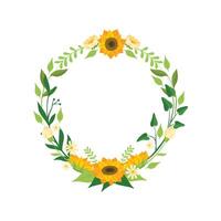Floral Wreath with Sunflowers, Circle Frame with Leaves, Flowers and Place for Text, Design Element For Greeting Card, Invitation, Banner Illustration vector
