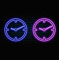 Light glowing clock icon. Neon time symbol, shining watch silhouette, laser fluorescent clock, vector