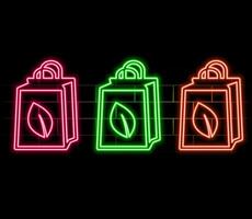 Futuristic glowing low polygonal paper shopping bag with green leaf isolated on dark blue background. Eco shopping concept. Modern wireframe design vector