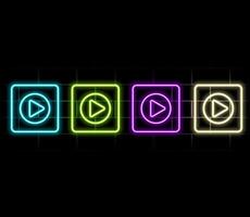 Neon glowing digital cube with play icon. 3d cyber start button. Gaming, cinema, music, tv background with glowing play button. Press to play. design element..green color vector