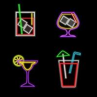 Neon sign of tequila bar with bottle and drink in glass in circle frames with alphabet on dark brick wall background. Mexican alcohol drink pub emblem in neon style. illustration. vector