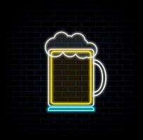 Bright and colorful retro neon sign depicting mug of beer with foam and the word pub against a dark brick wall vector