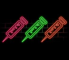 Glowing neon Syringe icon isolated on white background. Syringe for vaccine, vaccination, injection, flu shot. Medical equipment. Black square button. Illustration vector