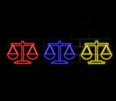 Neon light glow effect. Justice scales line icon. Judgement scale sign. Legal law symbol. 3d line neon glow icon. Brick wall banner. Justice scales outline. vector