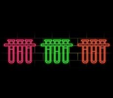 Neon line Test tube and flasks chemical laboratory test icon isolated on a black background. Sign for laboratory dolls. vector