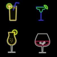 Neon sambuca cocktail sign in circle frame with alphabet. Glowing gas advertising with glass of alcohol shake. Drinking canteen banner. Night club invitation. illustration. vector