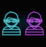 Outline neon hacker icon. Glowing neon hacker with hood, cyber criminal and thief pictogram. Theft personal data and fraud, cyber attack and crime, hacking social media account, scam. icon set vector