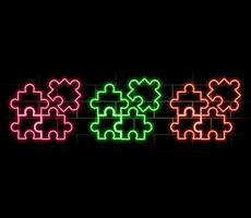 Puzzle line icon. Neon laser lights. Engineering strategy sign. Glow laser speech bubble. Neon lights chat bubble. Banner badge with puzzle icon. vector
